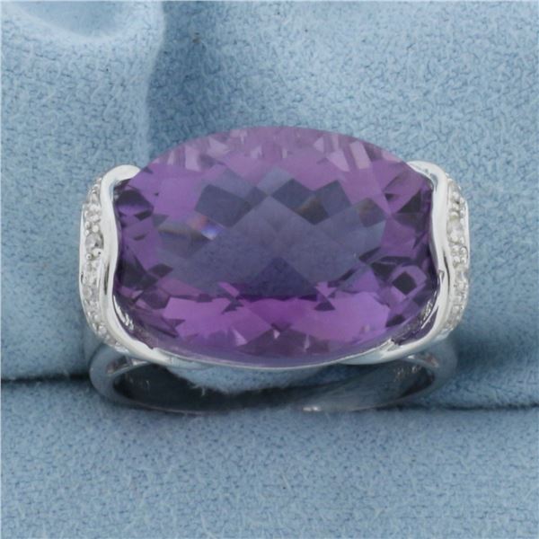 Checkerboard Cut Amethyst and Diamond Statement Ring in 14k White Gold