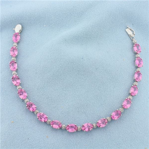 Pink Topaz and Diamond Tennis Bracelet in 10k White Gold