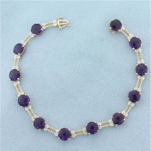 Checkerboard Cut Amethyst and Diamond Tennis Bracelet in 10K Yellow Gold