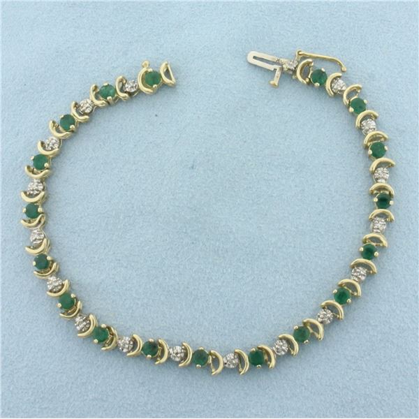 Emerald and Diamond Tennis Bracelet in 10K Yellow Gold
