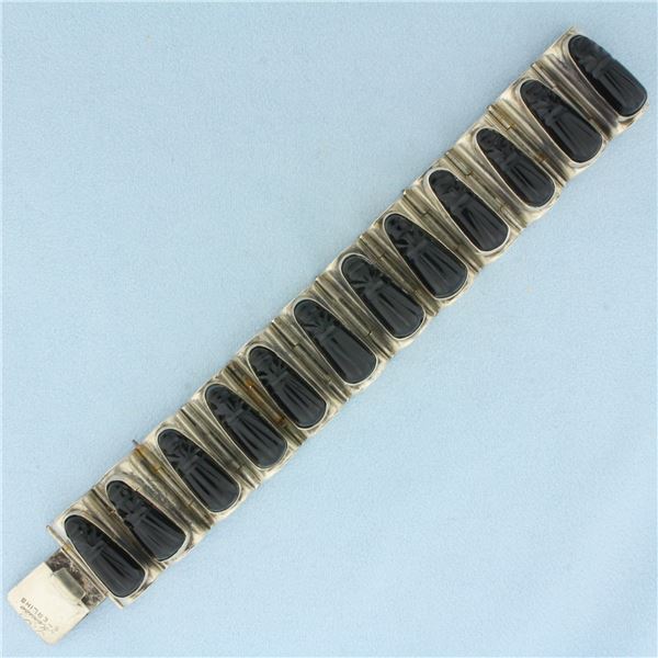 Heavy Onyx Wide Link Bracelet in .925 Sterling Silver