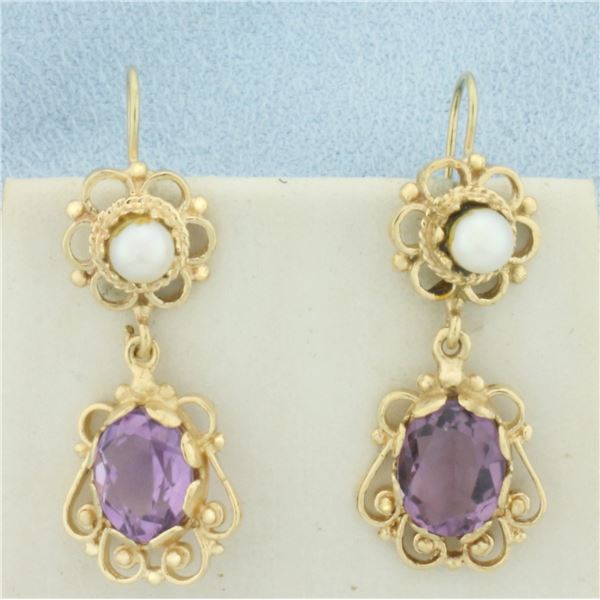 Amethyst and Cultured Pearl Dangle Earrings in 14k Yellow Gold