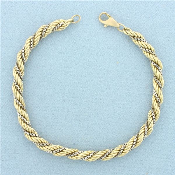 Two Tone Box and Rope Link Bracelet in 14k Yellow and White Gold