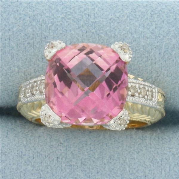 Checkerboard Pink Topaz and Diamond Ring in 14k Yellow Gold