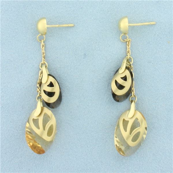 Italian Designer Smoky Quartz and Citrine Dangle Earrings in 14k Yellow Gold