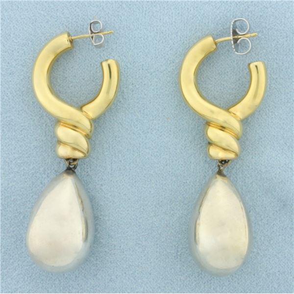 Teardrop Hoop Dangle Earrings in 18K Yellow Gold and Sterling Silver