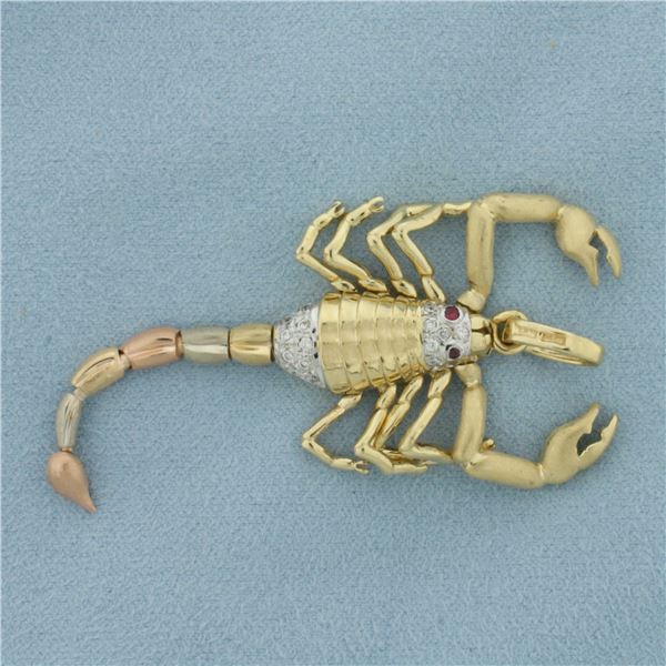 Zodiac Scorpio Scorpian Diamond and Ruby Articulating Pendant in 14K Yellow, Rose, and White Gold