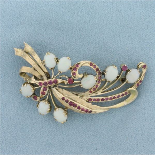 Ruby and Opal Brooch Pin in 14k Yellow Gold