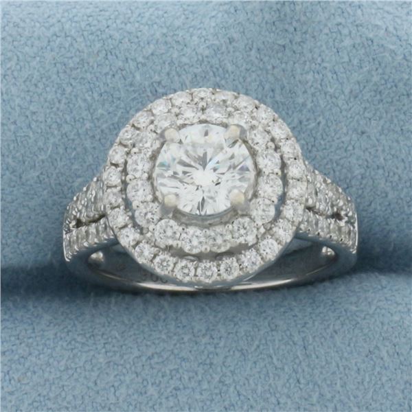 Certified Diamond Double Halo Engagement Ring in 14k White Gold