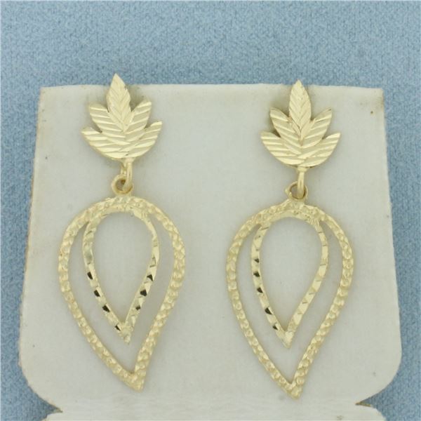 Leaf Design Dangle Earrings in 14k Yellow Gold