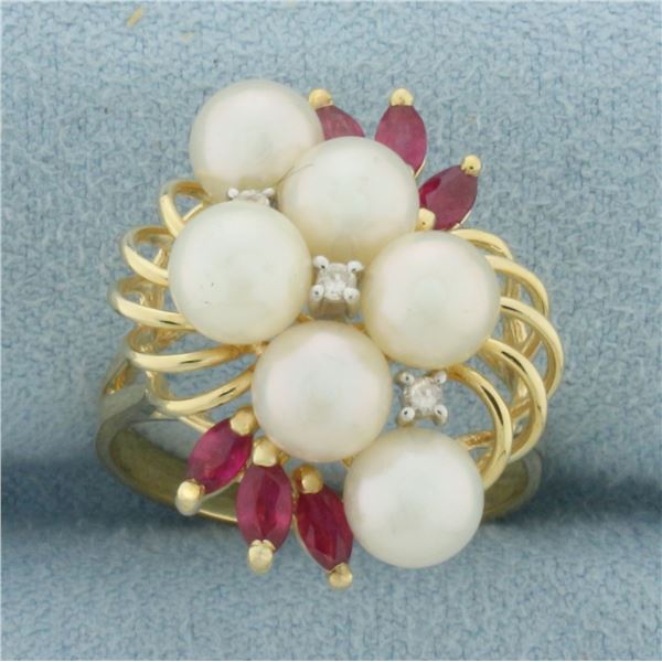 Ruby, Pearl, and Diamond Ring in 14k Yellow Gold