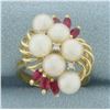Image 1 : Ruby, Pearl, and Diamond Ring in 14k Yellow Gold