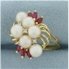 Image 2 : Ruby, Pearl, and Diamond Ring in 14k Yellow Gold