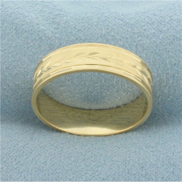 Mens Diamond Cut Leaf Design Band Ring in 14k Yellow Gold