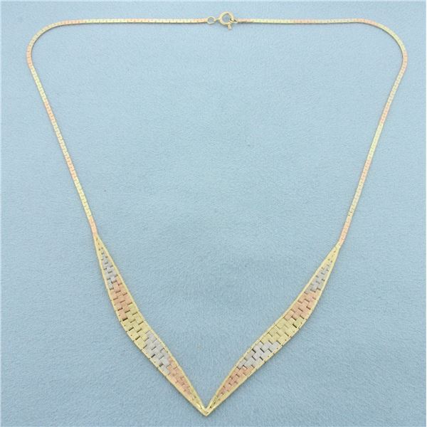 Tri-Color V Style Choker Necklace in 14k Yellow, White, and Rose Gold