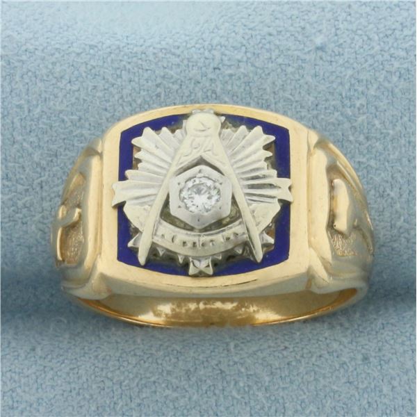 Vintage Diamond Masonic Ring in 14k Yellow Gold