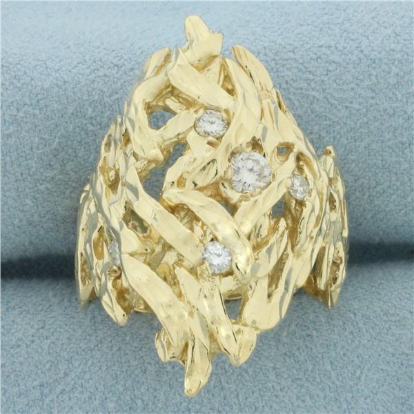 Mens Diamond Cut Freeform Diamond Ring in 14k Yellow Gold