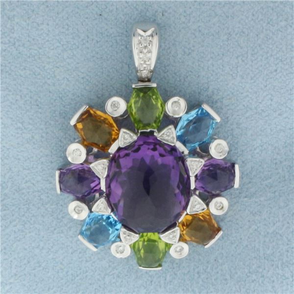 Rainbow Gemstone and Diamond Statement Pendant in 18k White Gold