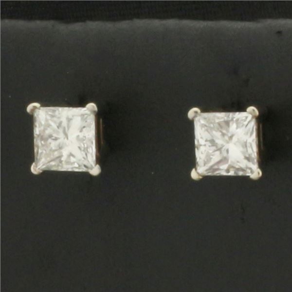 Natural Princess Cut Diamond Stud Earrings in 14k White Gold