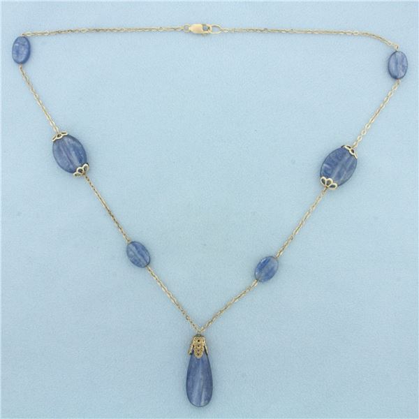 Blue Kyanite Station Dangle Necklace in 14k Yellow Gold