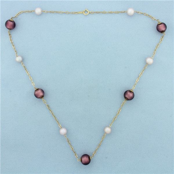Italian Eggplant Art Glass Beads and Cultured Akoya Pearl Station Necklace in 14k Yellow Gold