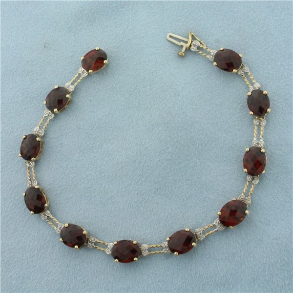 Fancy Checkerboard Cut Garnet And Diamond Bracelet in 10k Yellow Gold