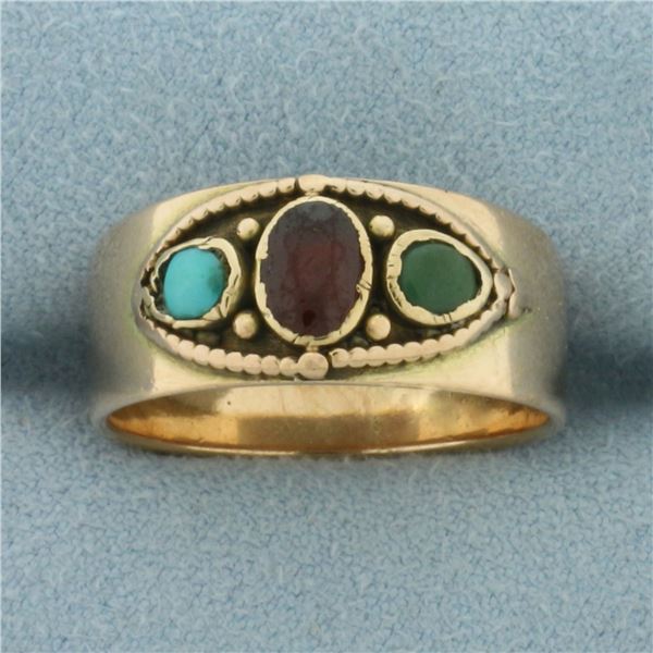 Desiger Numbered Garnet, Jade, and Persian Turquoise Ring in 14k Yellow Gold