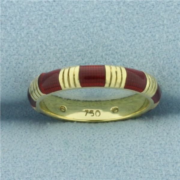 Red Enamel Striped Stacking Ring in 18k Yellow Gold