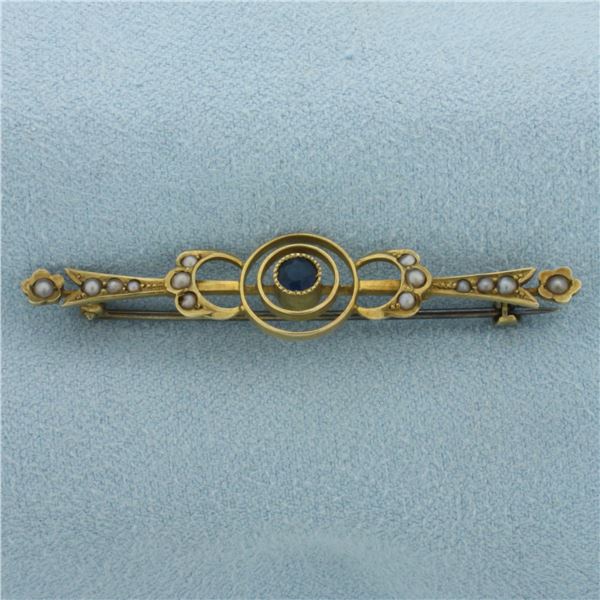 Antique Sapphire and Seed Pearl Brooch Pin in 14k Yellow Gold