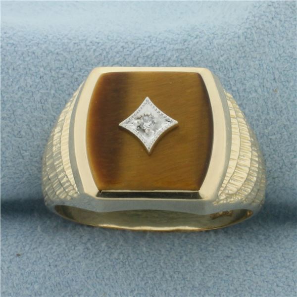 Mens Tiger Eye and Diamond Ring in 10k Yellow Gold