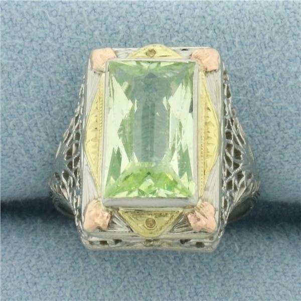 Vintage Mint Green Tourmaline Filigree Ring in 14k White, Rose, and Yellow Gold