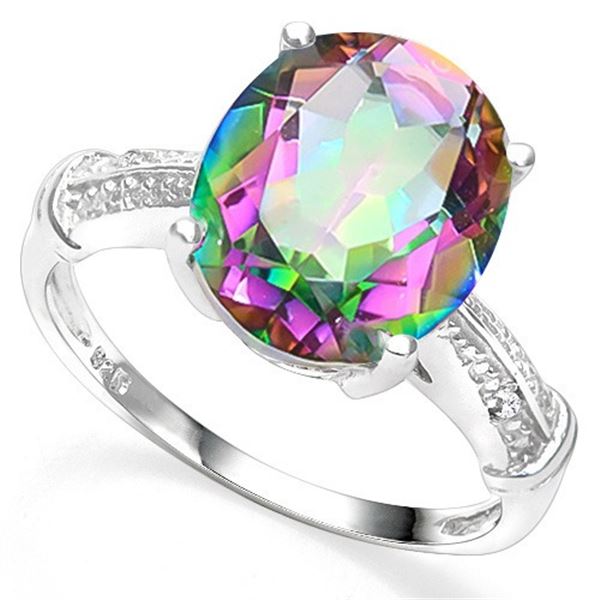 Large Mystic Topaz and Diamond Ring in Sterling Silver