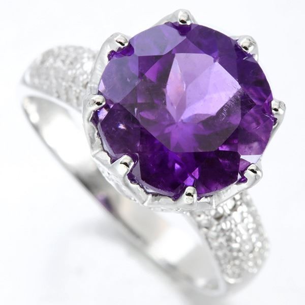 Claw Set Amethyst and Diamond Ring in Sterling Silver