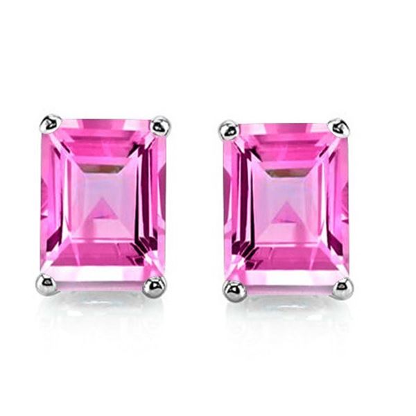 5x7 Emerald Cut Lab Pink Sapphire Earrings in Sterling Silver