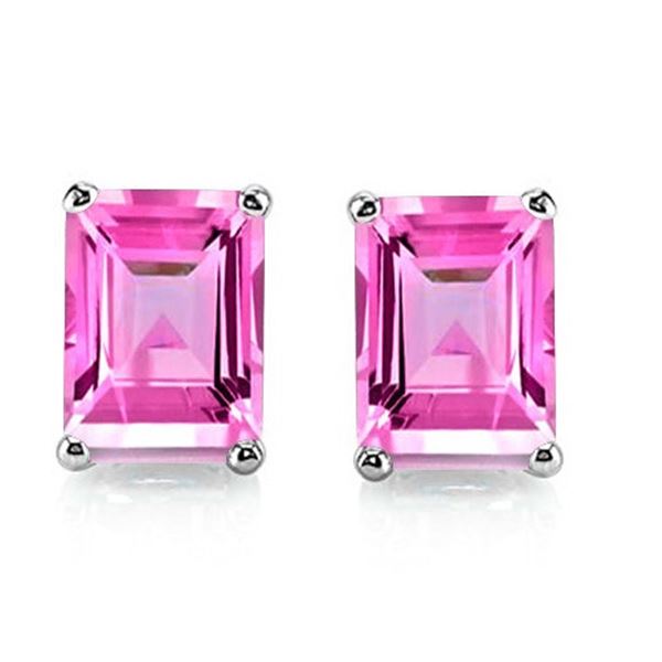 4x6 Emerald Cut Lab Pink Sapphire Earrings in Sterling Silver