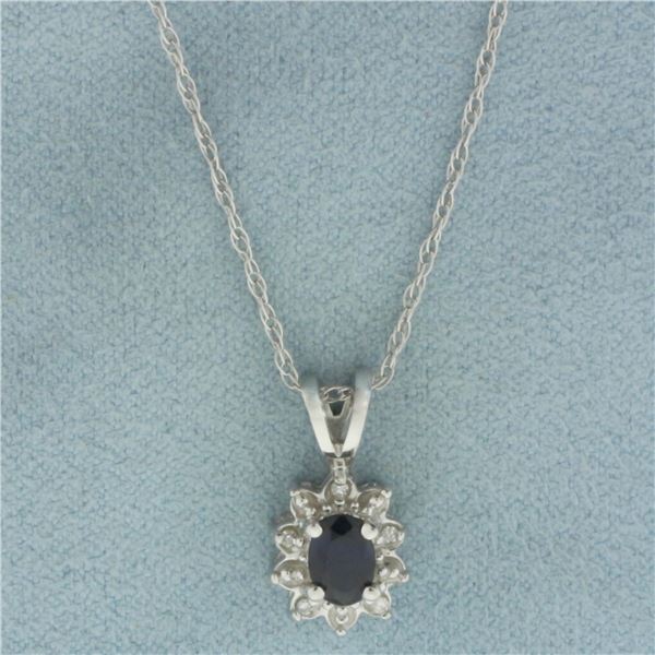 Sapphire and Diamond Halo Necklace in 14K White Gold