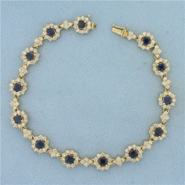 Sapphire and Diamond Halo Tennis Bracelet in 14K Yellow Gold