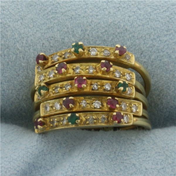 Emerald Ruby and Diamond Stacking Rings in 18K Yellow Gold