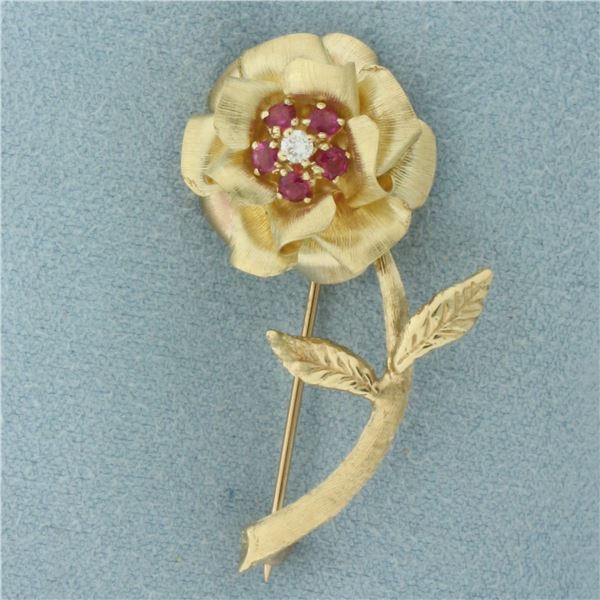 Ruby and Diamond Rose Flower Brooch Pin in 14K Yellow Gold