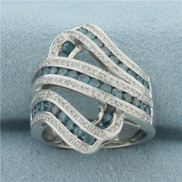 Blue and White Diamond Swirl Ring in 14K White Gold