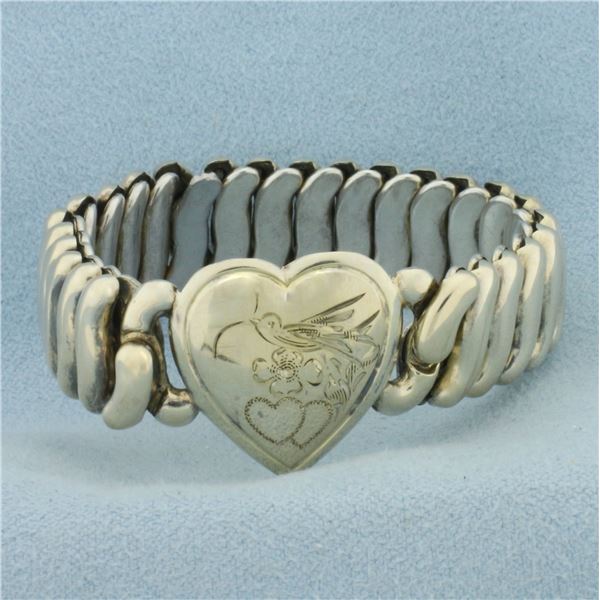 Vintage Baby Child Bird Flower and Heart Strech Bracelet in Sterling Silver