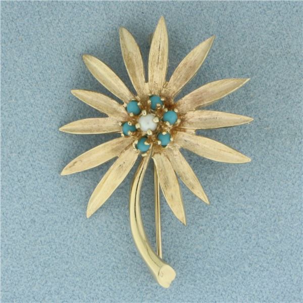 Turquoise and Pearl Flower Brooch Pin in 14K Yellow Gold