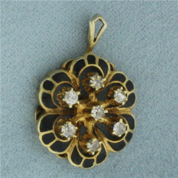 Antique Old European Cut Diamond and Enamel Pendant In 14K Yellow Gold