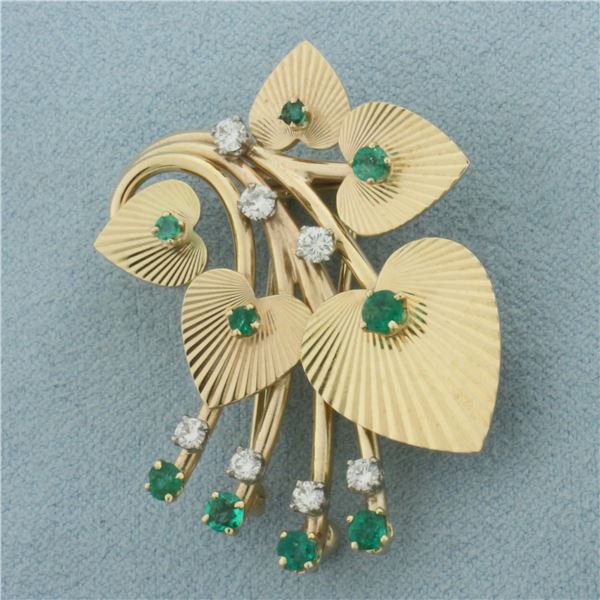 Emerald and Diamond Heart Leaves Pin in 14k Yellow Gold