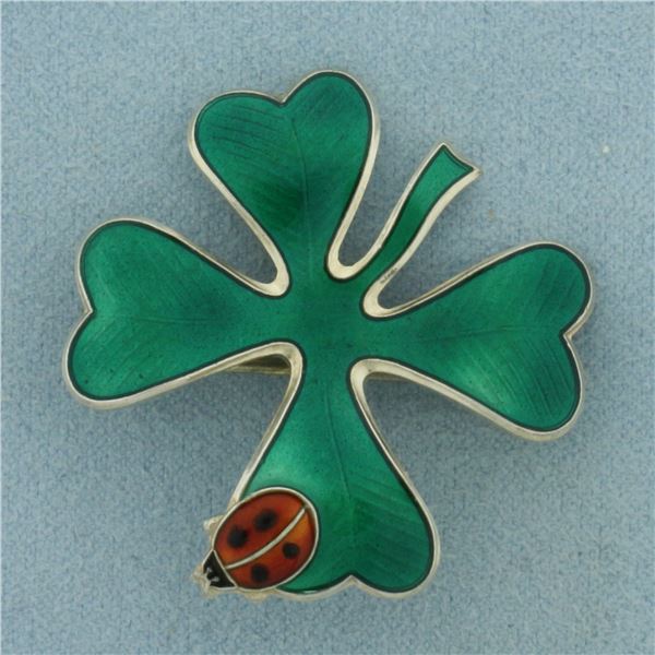 David Andersen Norway Four Leaf Clover Ladybug Brooch Pin Pendant in Sterling Silver