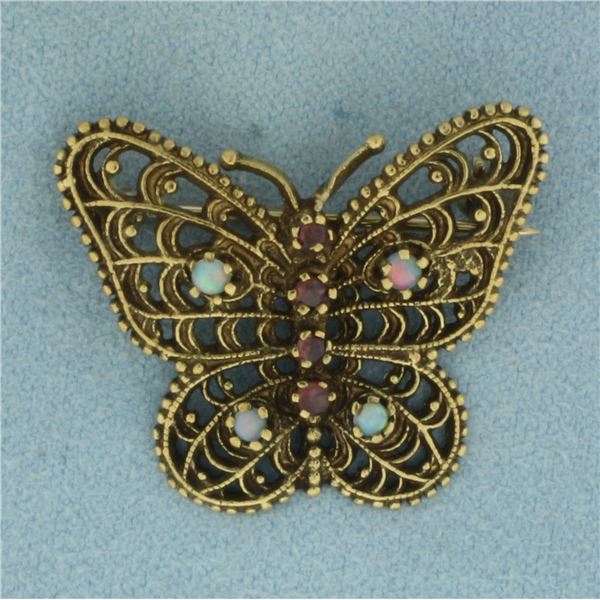 Vintage Opal and Ruby Butterfly Brooch Pin in 14K Yellow Gold