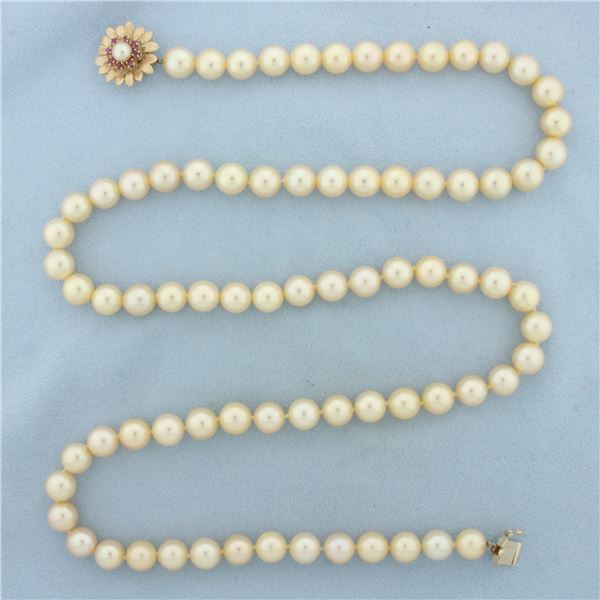 South Sea Golden Pearl Necklace with Ruby Flower Clasp in 14K Yellow Gold