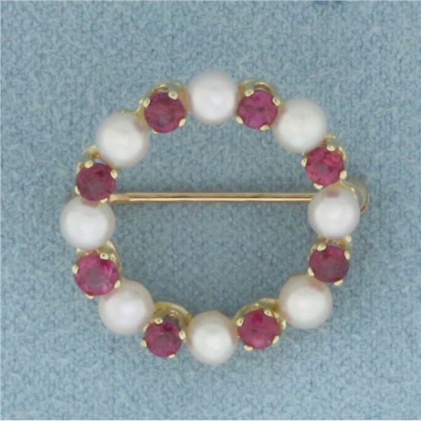Ruby and Cultured Akoya Pearl circle Brooch Pin in 14K Yellow Gold