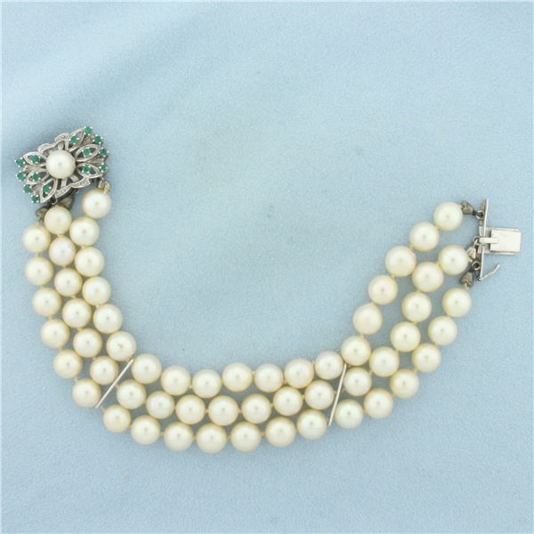 Emerald and Cultured Akoya Pearl 3 Strand Bracelet in 14K White Gold