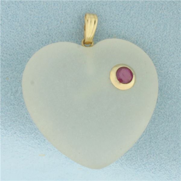 Ruby Frosted Quartz Heart Pendant in 14k Yellow Gold